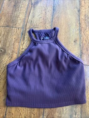 Sleeveless Ribbed High-Neck Crop Top - Purple